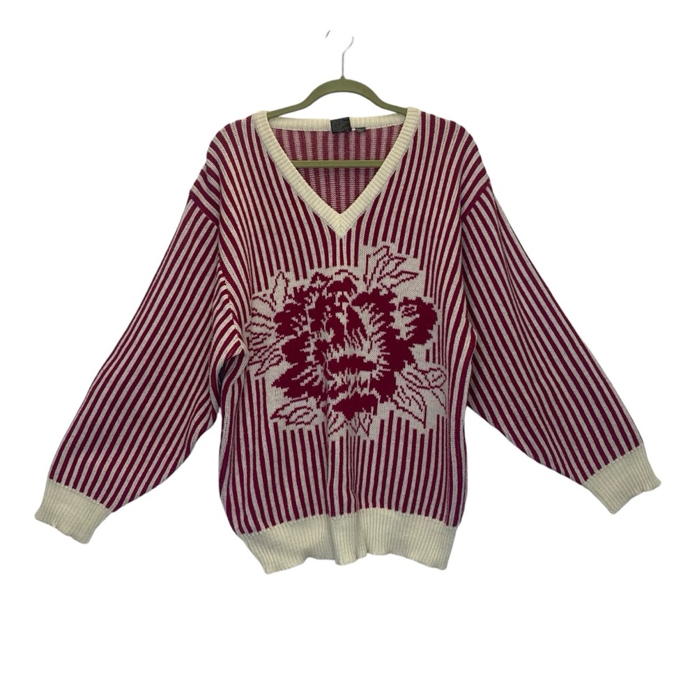 Vintage Pykettes Vertical Striped Flower V-neck Sweater
